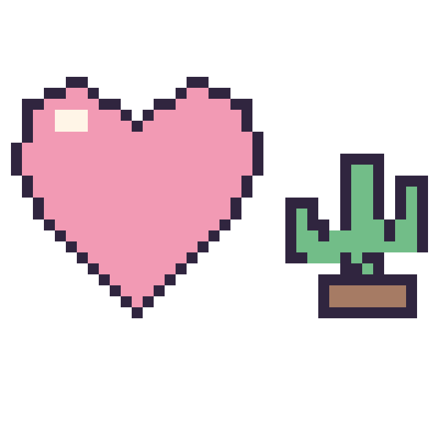 Modèle de pixel art Cœur et Cactus kawaii 16 × 16 sur une grille de 40 par 40 cases