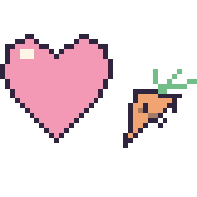 Modèle de pixel art Cœur et Carotte kawaii 16 × 16 sur une grille de 40 par 40 cases