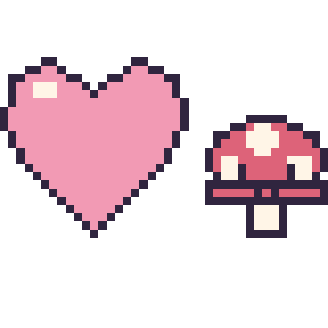 Modèle de pixel art Cœur et Champignon kawaii 16 × 16 sur une grille de 40 par 40 cases