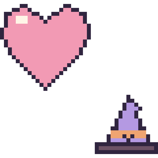 Modèle de pixel art Cœur et Chapeau de sorcière kawaii 16 × 16 sur une grille de 40 par 40 cases