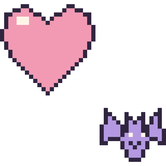 Modèle de pixel art Cœur et Chauve-souris kawaii 16 × 16 sur une grille de 40 par 40 cases