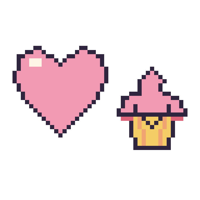 Modèle de pixel art Cœur et Cupcake kawaii sur une grille de 48 par 48 cases