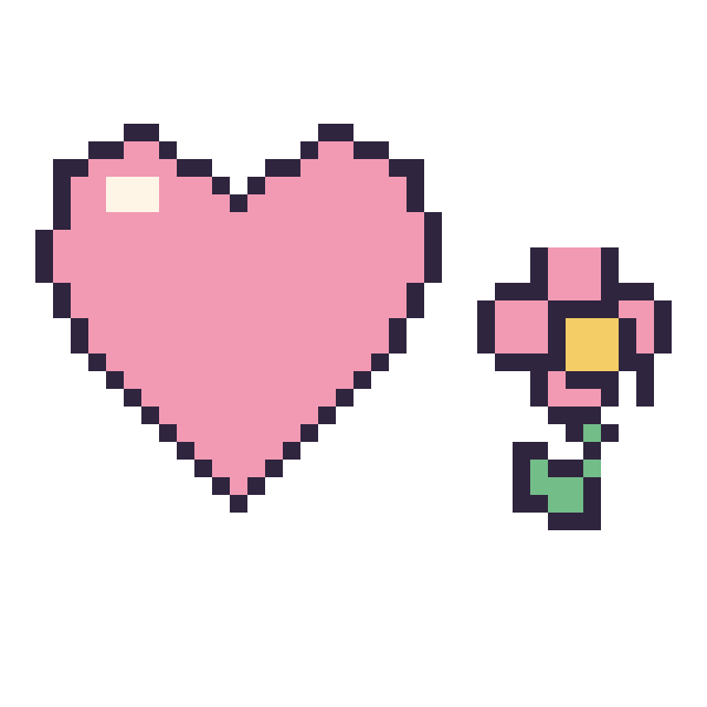 Modèle de pixel art Cœur et Fleur kawaii 16 × 16 sur une grille de 40 par 40 cases