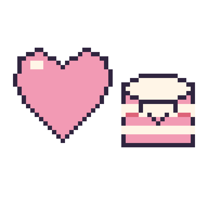 Modèle de pixel art Cœur et Gâteau kawaii sur une grille de 48 par 48 cases