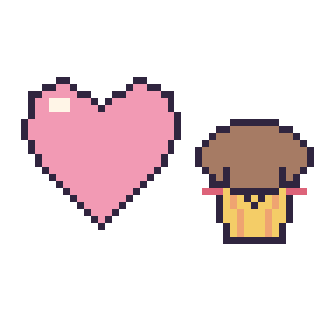Modèle de pixel art Cœur et Muffin kawaii sur une grille de 48 par 48 cases