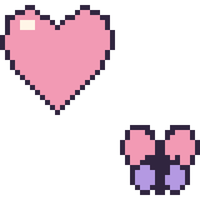 Modèle de pixel art Cœur et Papillon kawaii 16 × 16 sur une grille de 40 par 40 cases