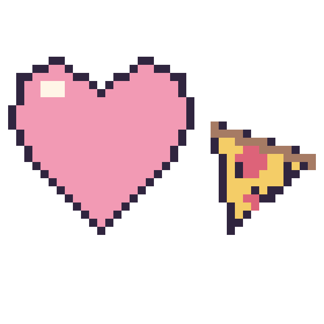 Modèle de pixel art Cœur et Pizza kawaii 16 × 16 sur une grille de 40 par 40 cases