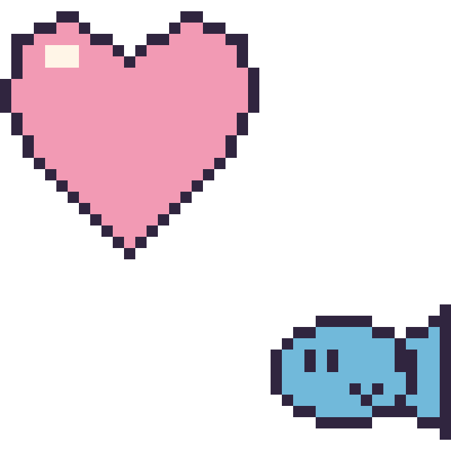 Modèle de pixel art Cœur et Poisson kawaii 16 × 16 sur une grille de 40 par 40 cases
