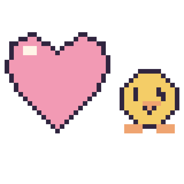 Modèle de pixel art Cœur et Poussin kawaii 16 × 16 sur une grille de 40 par 40 cases