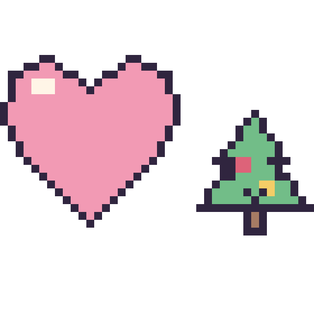 Modèle de pixel art Cœur et Sapin de Noël kawaii 16 × 16 sur une grille de 40 par 40 cases