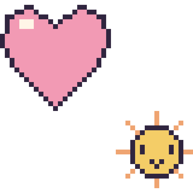 Modèle de pixel art Cœur et Soleil kawaii 16 × 16 sur une grille de 40 par 40 cases