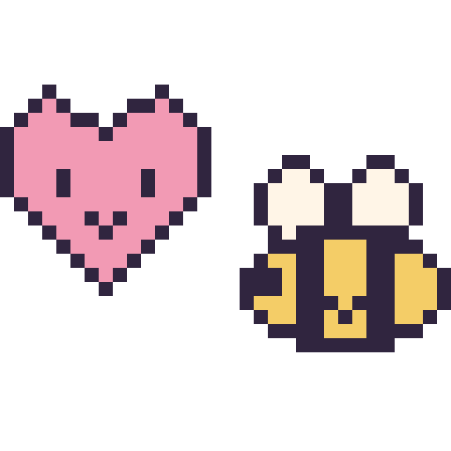 Modèle de pixel art Cœur kawaii 16 × 16 et Abeille kawaii 16 × 16 sur une grille de 32 par 32 cases