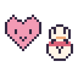 Pixel art Cœur kawaii 16 × 16 et Bonhomme de neige kawaii 16 × 16, grille 32 × 32