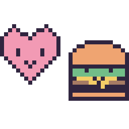 Pixel art Cœur kawaii 16 × 16 et Burger kawaii 16 × 16, grille 32 × 32