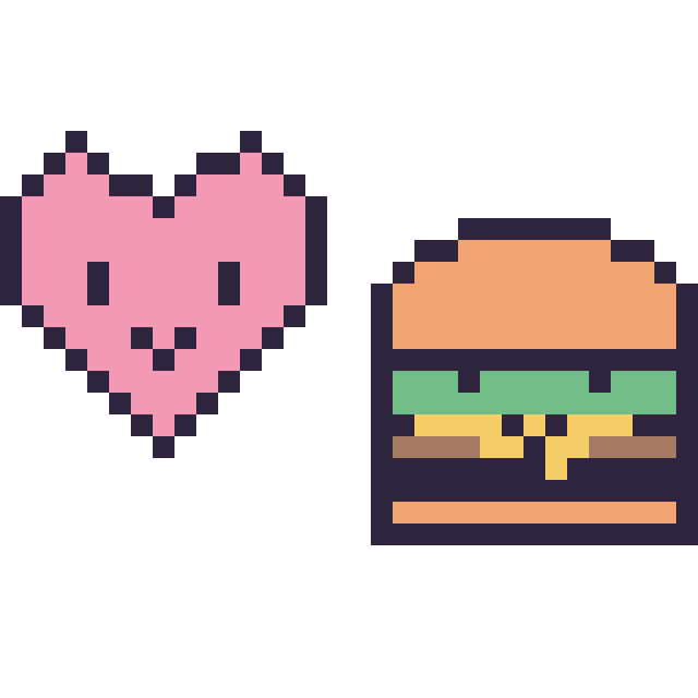 Modèle de pixel art Cœur kawaii 16 × 16 et Burger kawaii 16 × 16 sur une grille de 32 par 32 cases