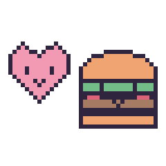 Pixel art Cœur kawaii 16 × 16 et Burger kawaii, grille 40 × 40
