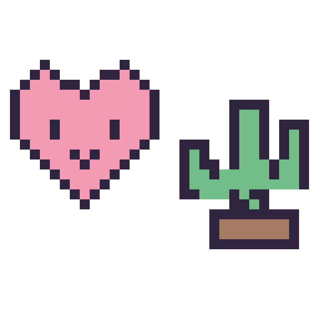 Modèle de pixel art Cœur kawaii 16 × 16 et Cactus kawaii 16 × 16 sur une grille de 32 par 32 cases