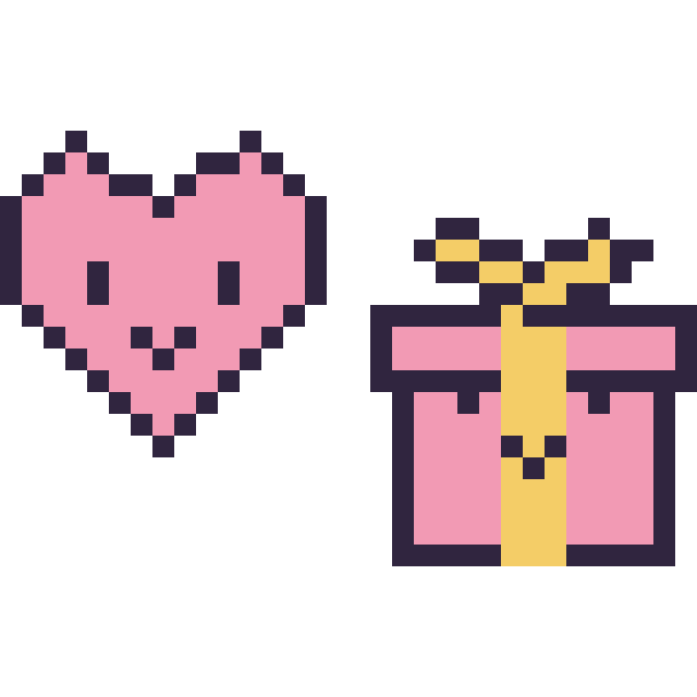 Modèle de pixel art Cœur kawaii 16 × 16 et Cadeau kawaii 16 × 16 sur une grille de 32 par 32 cases