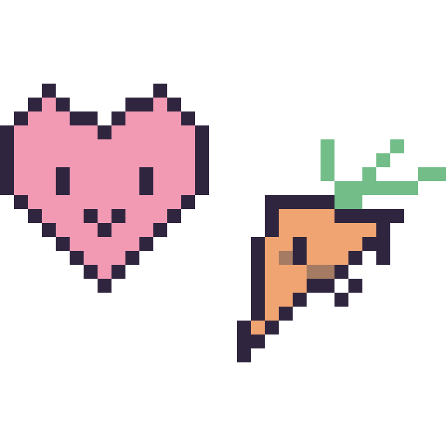 Modèle de pixel art Cœur kawaii 16 × 16 et Carotte kawaii 16 × 16 sur une grille de 32 par 32 cases
