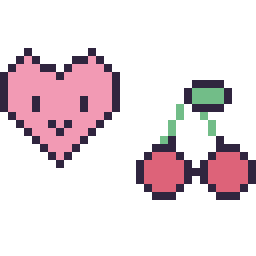 Pixel art Cœur kawaii 16 × 16 et Cerise kawaii 16 × 16, grille 32 × 32