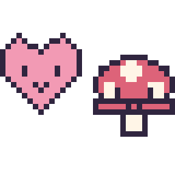 Pixel art Cœur kawaii 16 × 16 et Champignon kawaii 16 × 16, grille 32 × 32