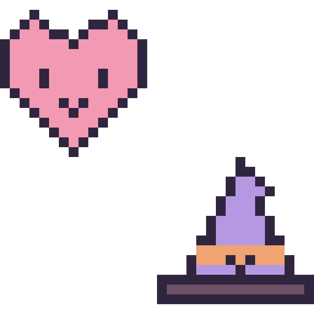 Modèle de pixel art Cœur kawaii 16 × 16 et Chapeau de sorcière kawaii 16 × 16 sur une grille de 32 par 32 cases