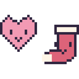 Pixel art Cœur kawaii 16 × 16 et Chaussette de Noël kawaii 16 × 16, grille 32 × 32