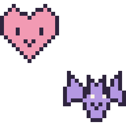 Pixel art Cœur kawaii 16 × 16 et Chauve-souris kawaii 16 × 16, grille 32 × 32