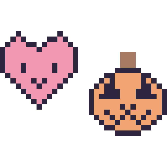 Modèle de pixel art Cœur kawaii 16 × 16 et Citrouille d'Halloween kawaii 16 × 16 sur une grille de 32 par 32 cases