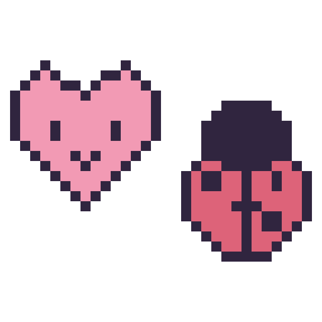 Modèle de pixel art Cœur kawaii 16 × 16 et Coccinelle kawaii 16 × 16 sur une grille de 32 par 32 cases