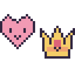 Pixel art Cœur kawaii 16 × 16 et Couronne kawaii 16 × 16, grille 32 × 32