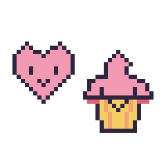 Pixel art Cœur kawaii 16 × 16 et Cupcake kawaii, grille 40 × 40