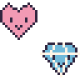 Pixel art Cœur kawaii 16 × 16 et Diamant kawaii 16 × 16, grille 32 × 32