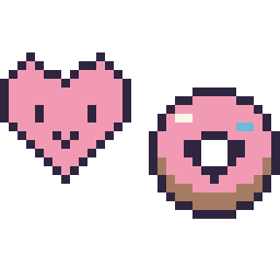 Pixel art Cœur kawaii 16 × 16 et Donut kawaii 16 × 16, grille 32 × 32