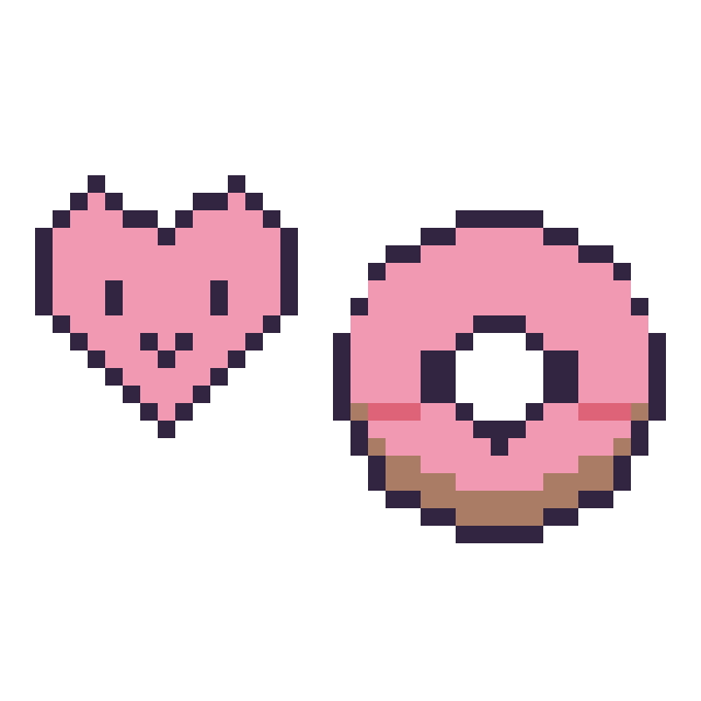 Modèle de pixel art Cœur kawaii 16 × 16 et Donut kawaii sur une grille de 40 par 40 cases