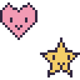 Pixel art Cœur kawaii 16 × 16 et Étoile kawaii 16 × 16, grille 32 × 32