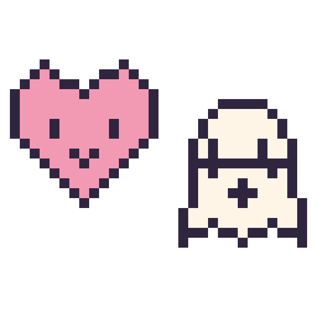 Modèle de pixel art Cœur kawaii 16 × 16 et Fantôme kawaii 16 × 16 sur une grille de 32 par 32 cases