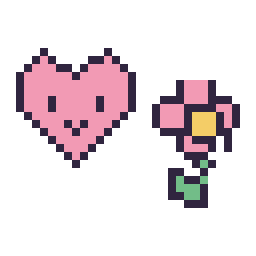 Pixel art Cœur kawaii 16 × 16 et Fleur kawaii 16 × 16, grille 32 × 32