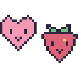 Pixel art Cœur kawaii 16 × 16 et Fraise kawaii 16 × 16, grille 32 × 32