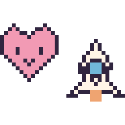 Pixel art Cœur kawaii 16 × 16 et Fusée kawaii 16 × 16, grille 32 × 32