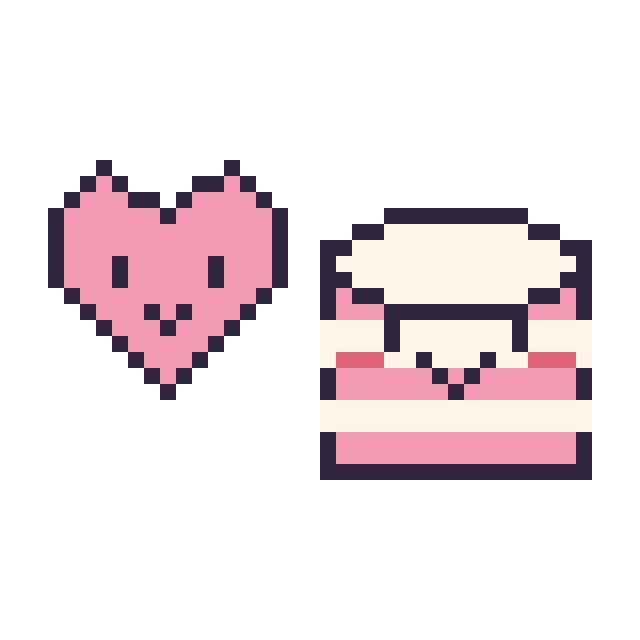 Modèle de pixel art Cœur kawaii 16 × 16 et Gâteau kawaii sur une grille de 40 par 40 cases
