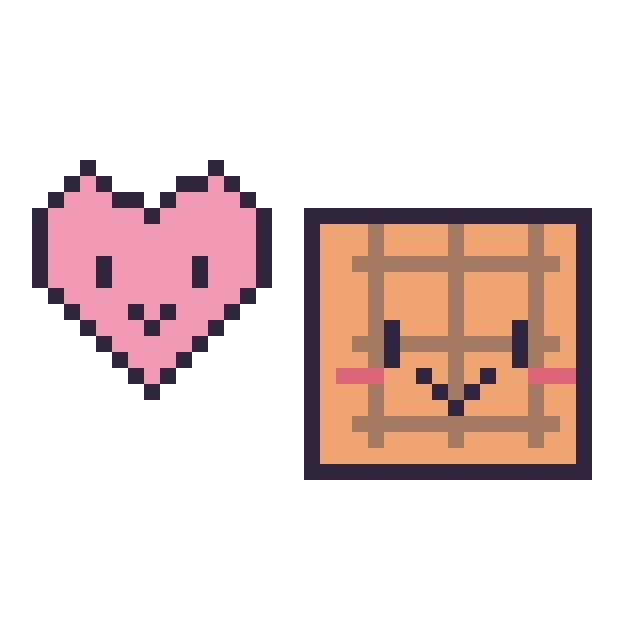 Modèle de pixel art Cœur kawaii 16 × 16 et Gaufre kawaii sur une grille de 40 par 40 cases