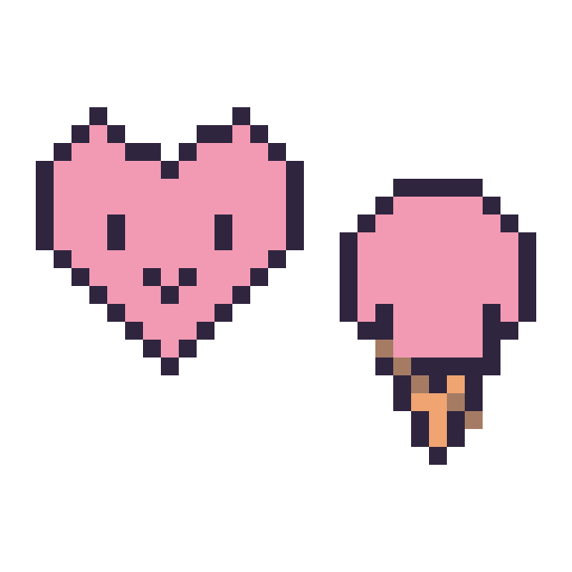 Modèle de pixel art Cœur kawaii 16 × 16 et Glace kawaii 16 × 16 sur une grille de 32 par 32 cases