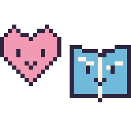 Pixel art Cœur kawaii 16 × 16 et Livre kawaii 16 × 16, grille 32 × 32