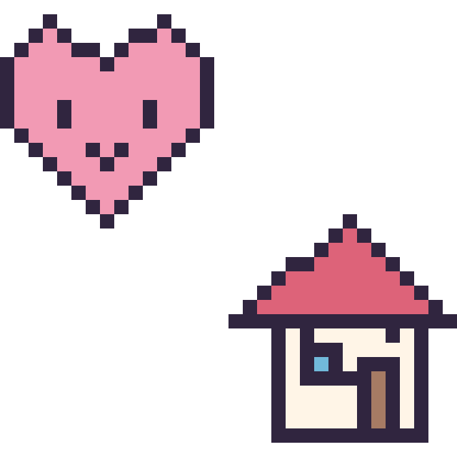 Modèle de pixel art Cœur kawaii 16 × 16 et Maison kawaii 16 × 16 sur une grille de 32 par 32 cases