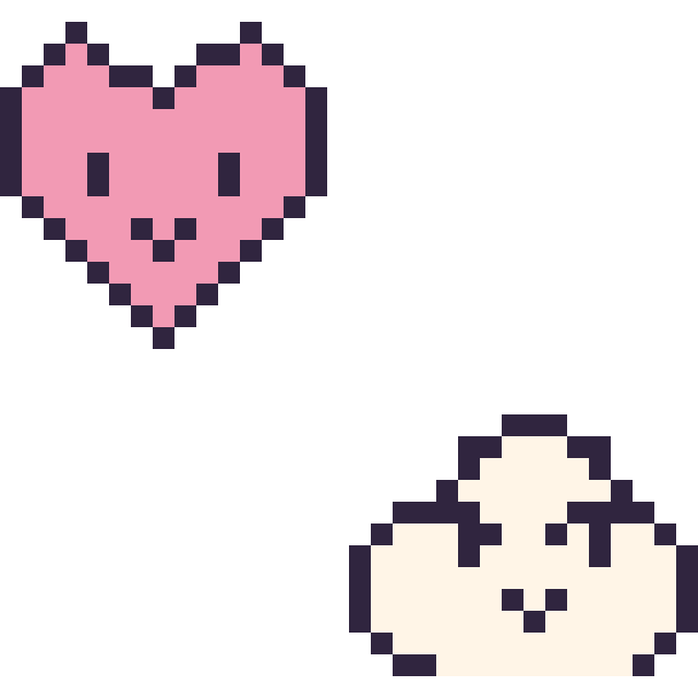 Modèle de pixel art Cœur kawaii 16 × 16 et Nuage kawaii 16 × 16 sur une grille de 32 par 32 cases