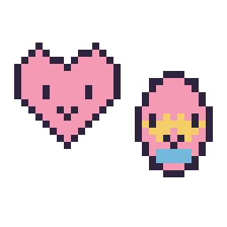 Pixel art Cœur kawaii 16 × 16 et Œuf de Pâques kawaii 16 × 16, grille 32 × 32