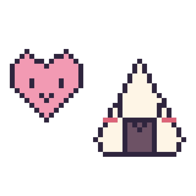 Modèle de pixel art Cœur kawaii 16 × 16 et Onigiri kawaii sur une grille de 40 par 40 cases
