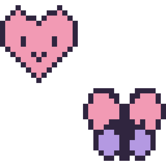 Modèle de pixel art Cœur kawaii 16 × 16 et Papillon kawaii 16 × 16 sur une grille de 32 par 32 cases