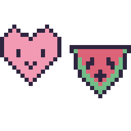 Pixel art Cœur kawaii 16 × 16 et Pastèque kawaii 16 × 16, grille 32 × 32